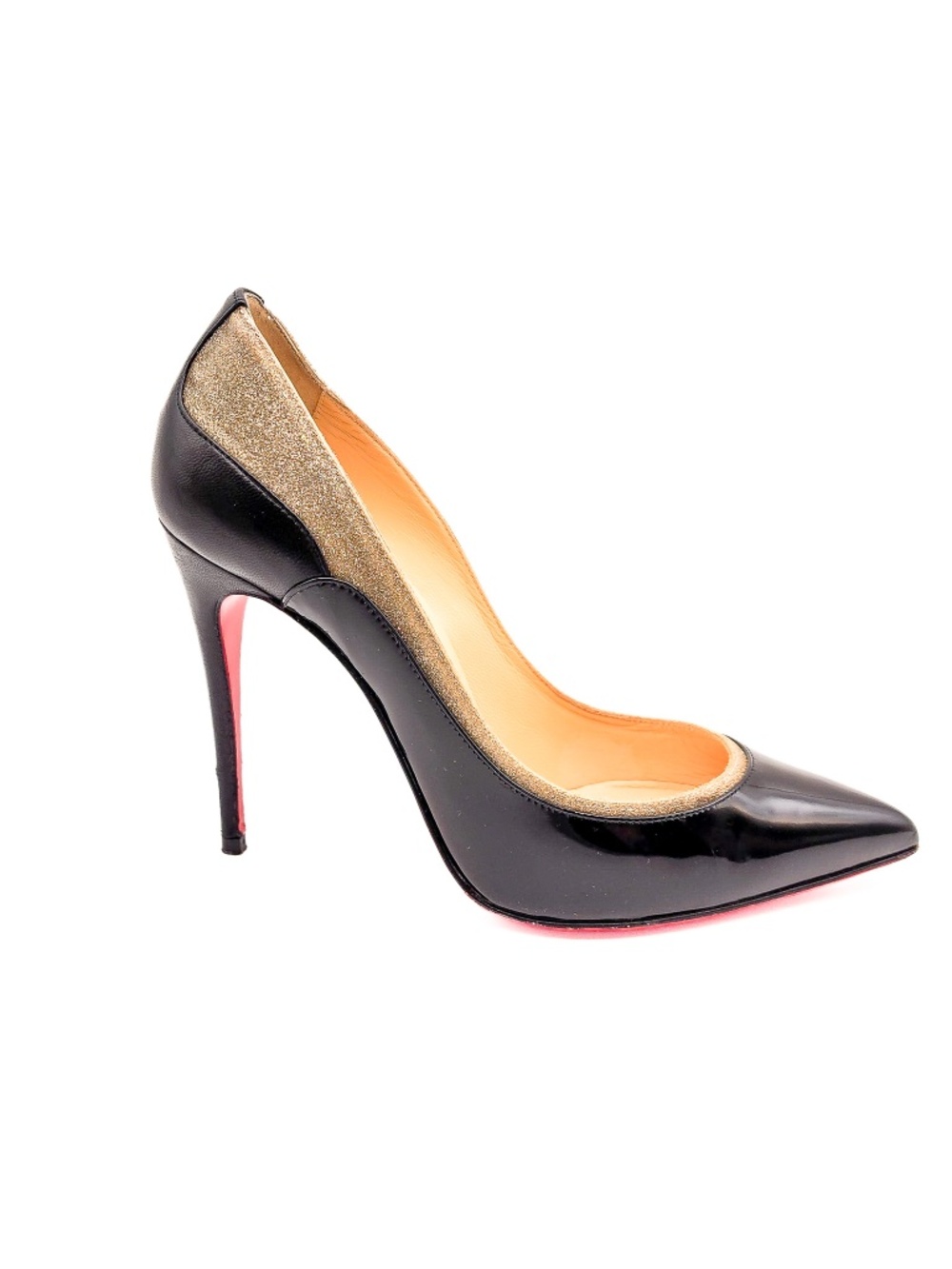 Christian Louboutin Black Gold Leather Pointed-Toe Pumps Heels EU 36.5